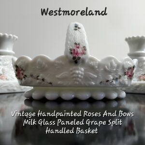 6" Westmoreland White "Roses And Bows" Milk Glass Split Handle Basket